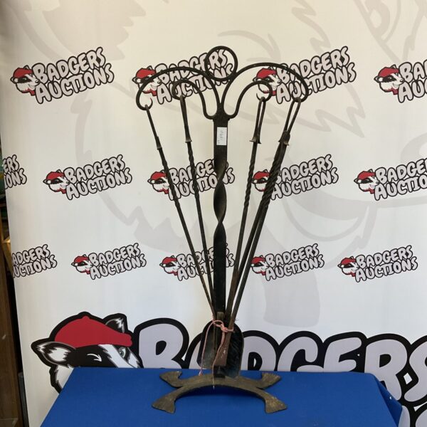 Vintage art deco fireplace companion set with wrought iron tools.