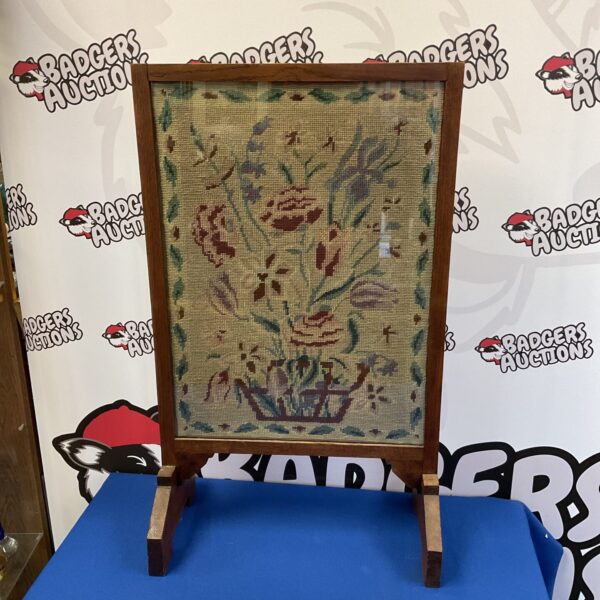Vintage rose tapestry firescreen with oak frame, antique hearth accessory.