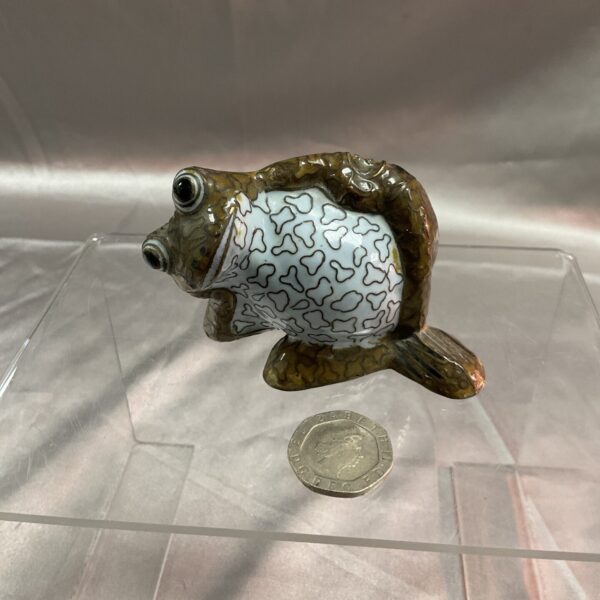 Detailed cloisonné toad figurine with colourful enamel details.