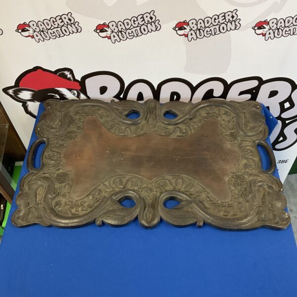 Large antique Chinese carved hardwood tray with dragon design.