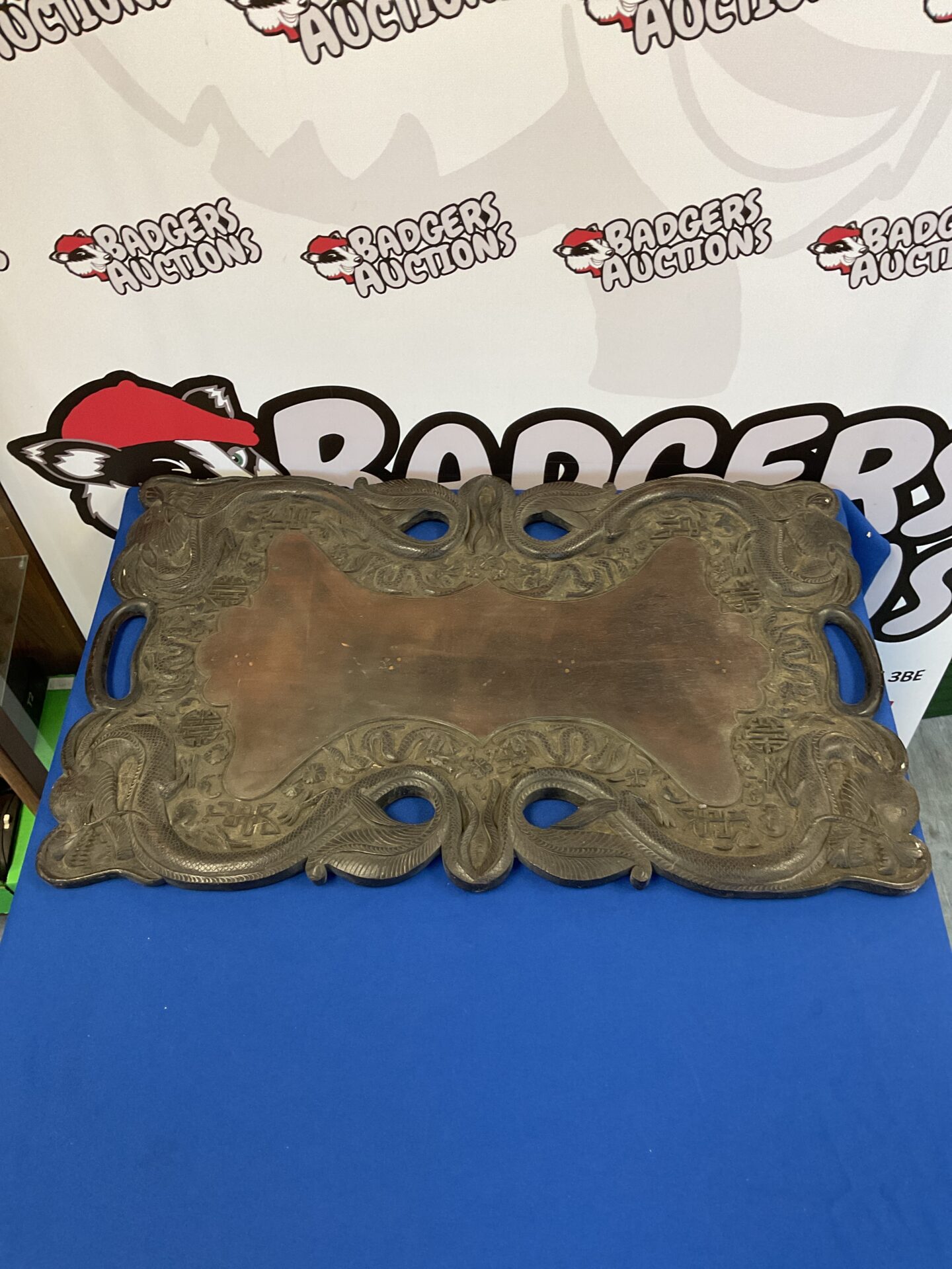 083 Large Antique chinese dragon carved hardwood tray