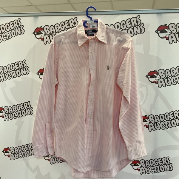 Ralph Lauren pink striped shirt size 15/38, front view.