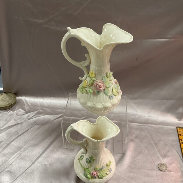 Vintage Belleek Aberdeen ewer pitcher set, large size, floral details.