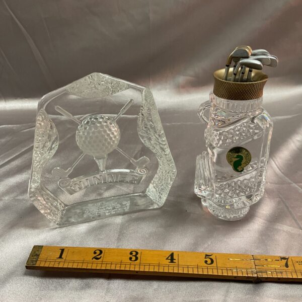 Waterford Crystal golf trophy with "WINNER" inscription, detailed crystal sculpture.