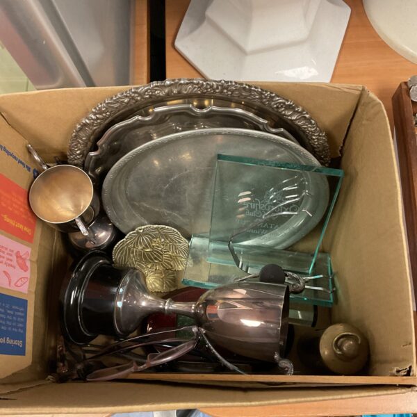 Vintage silver plate trophies and trays in a mixed lot.