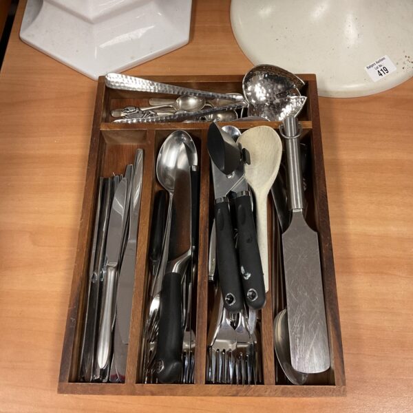 Tray of vintage Viners stainless steel cutlery set.