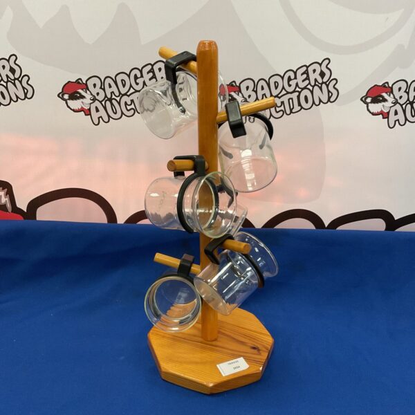 Wooden Bodum coffee cup holder displaying six glass cups.