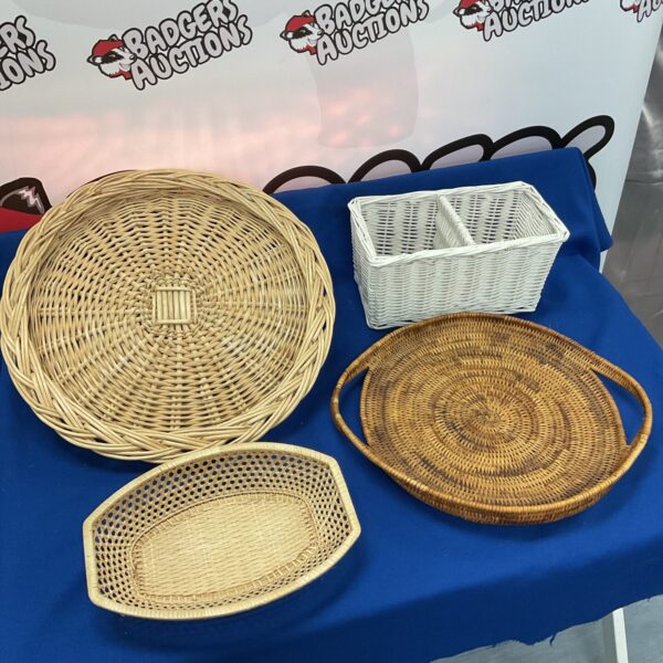 Lot of four vintage wicker display baskets for farmhouse decor.