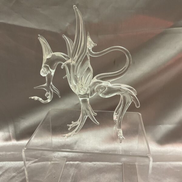 Clear glass Welsh dragon sculpture, detailed art glass figurine.