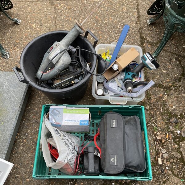 Mixed lot of tools and hardware including a Makita drill.