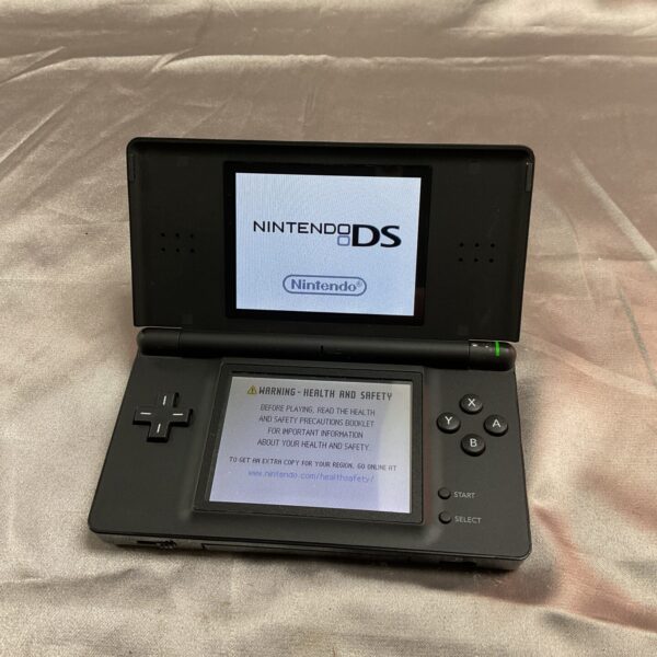 Black Nintendo DS Lite handheld gaming console, front view.
