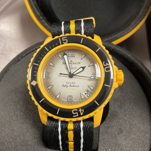 Yellow dial Blancpain Scuba Fifty Fathoms bioceramic watch.