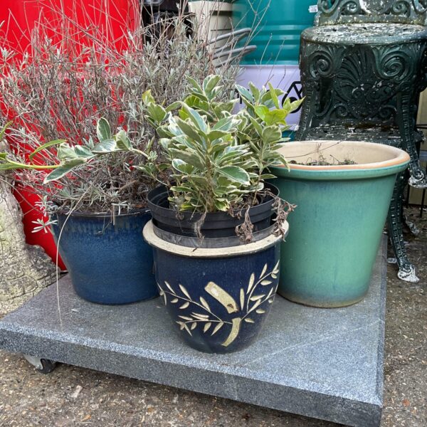 Lot of three blue glazed ceramic plant pots for garden use.