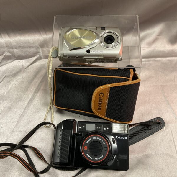 Vintage Olympus mju 400 and Canon Sure Shot cameras for sale.