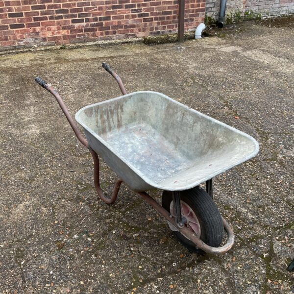 Vintage galvanised wheelbarrow for garden and farm use.
