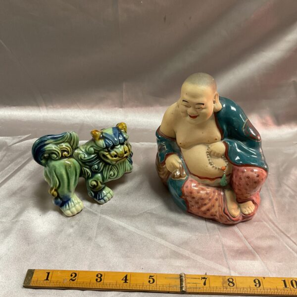 Vintage Chinese Foo Dog and Buddha figurine set, colourful ceramic statues.