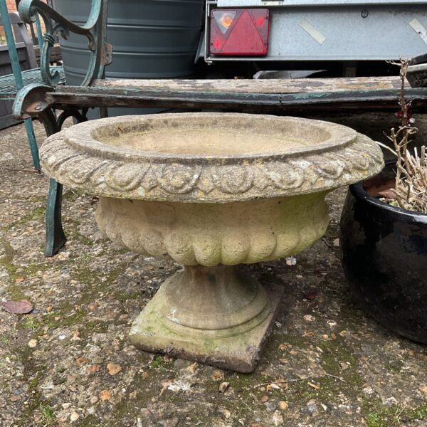 Large concrete pedestal planter for garden display.