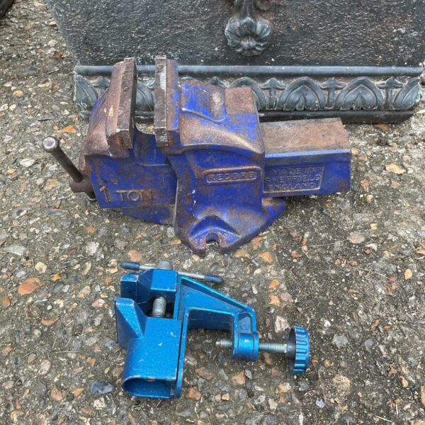 Blue vintage Record 1 Ton bench vice for metalworking.