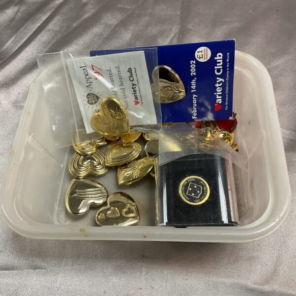 Tray of vintage Variety Club charity badges and enamel pins.