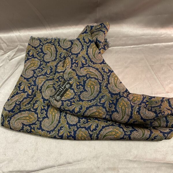 Navy and gold Grieves & Hawkes paisley scarf, classic menswear accessory.