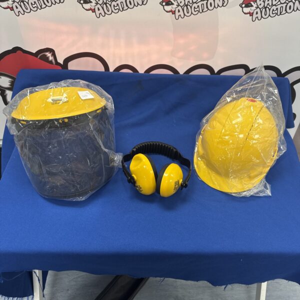New safety helmet with face guard and ear defenders for work.