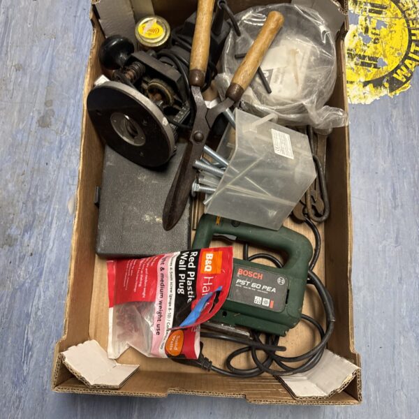 Bosch PST 650 jigsaw and garage clearance lot with bolts.