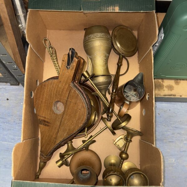 Vintage brass and copper lot with decorative bell and cauldron.