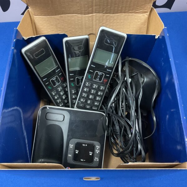 Vintage BT Zenon cordless phone trio set displayed in a box.