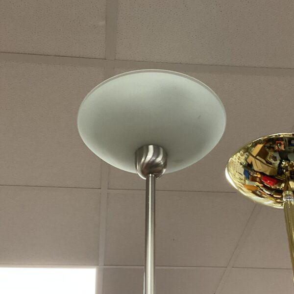 Vintage floor uplighter lamp with frosted glass shade.