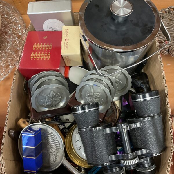 Mixed lot of vintage collectibles including ice bucket and pewter dishes.