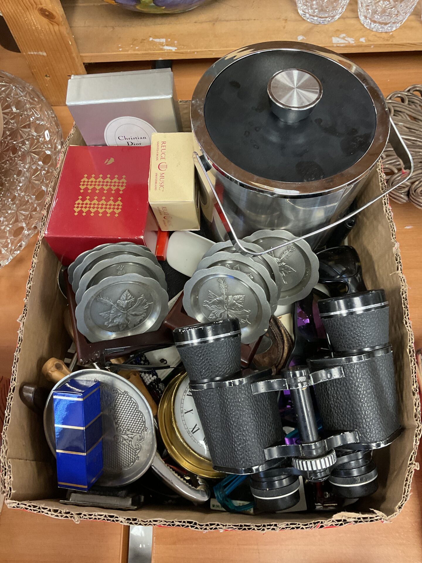 255 Box mixed items inc ice bucket, binoculars pewter dishes