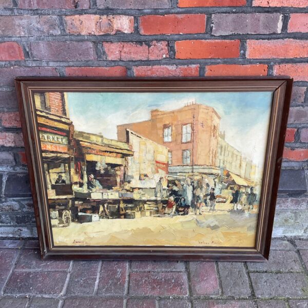 Signed 1970 oil painting of Watney Market, a vibrant London street scene.