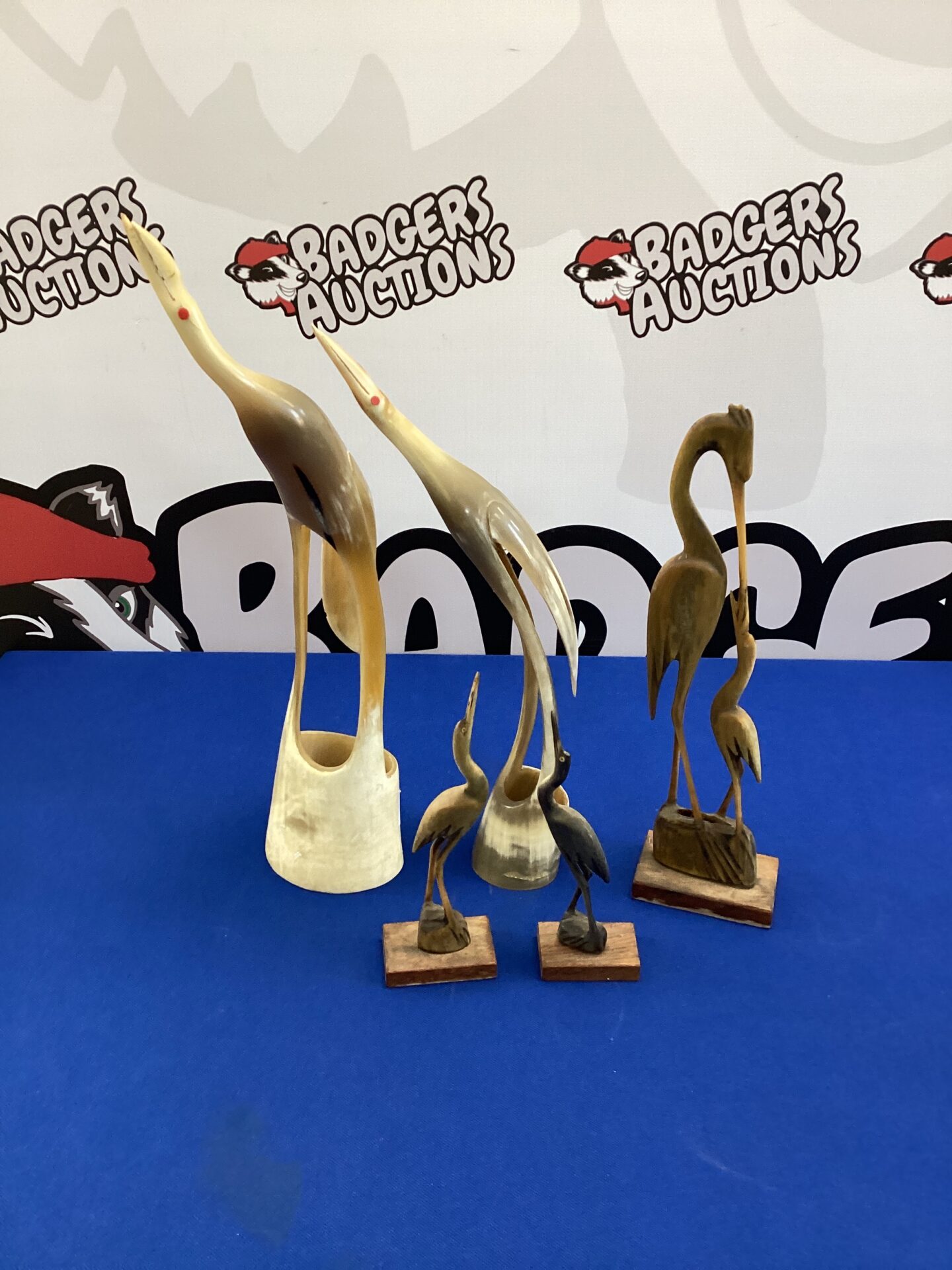 267 Two horn crane birds ornaments with three wooden crane bird ornaments