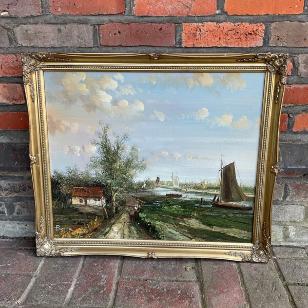 Vintage Dutch river landscape painting with windmill and cottage.