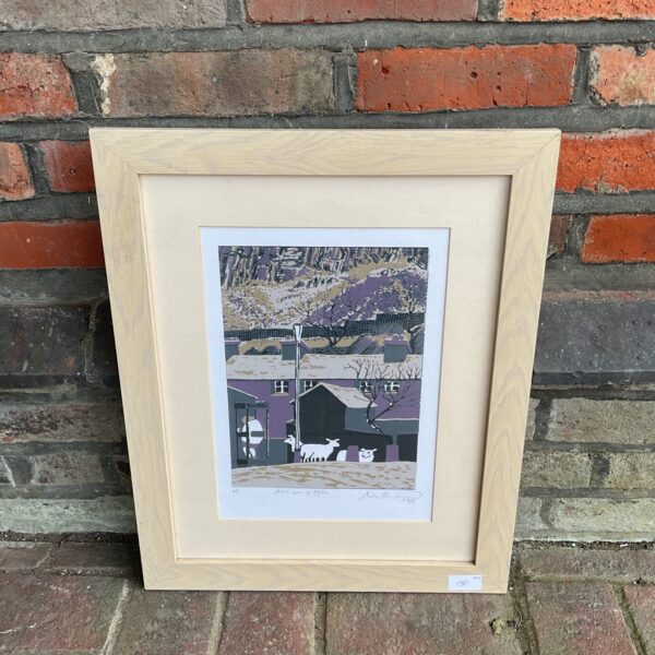 Vibrant screen print of Welsh landscape with sheep by Williams.