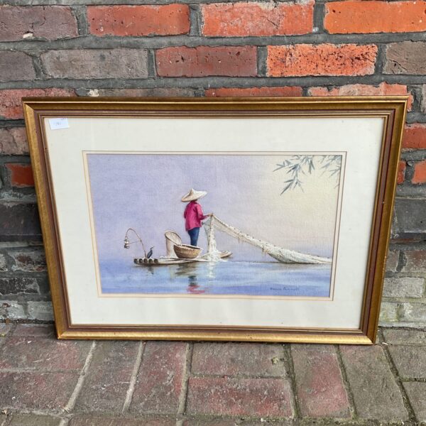 Denis Pannett watercolour painting of fisherman on Li Kiang River.