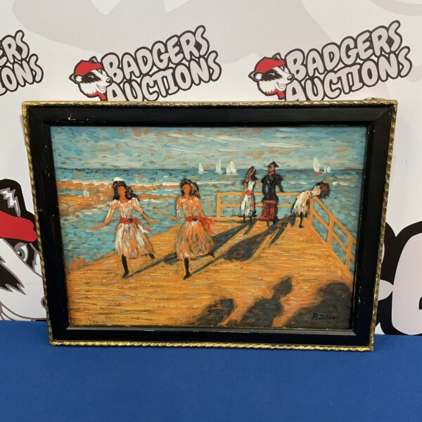 Vintage oil painting of Wilberswick Pier by P Steer, coastal art.