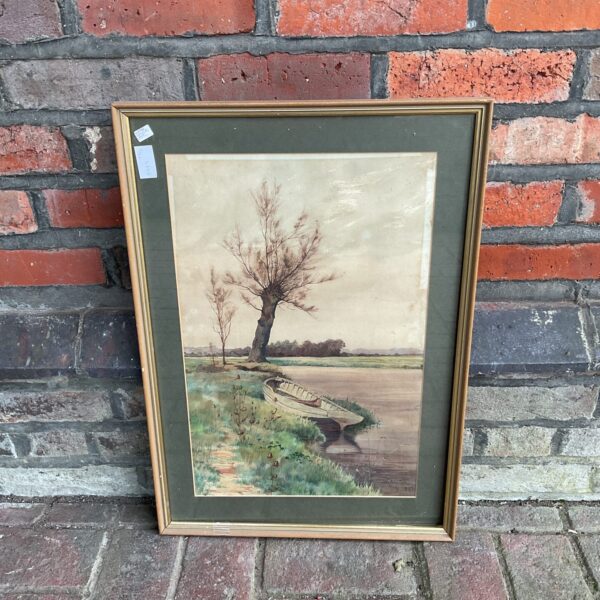 1897 Ayrton watercolour painting of a tranquil river scene with a rowboat.