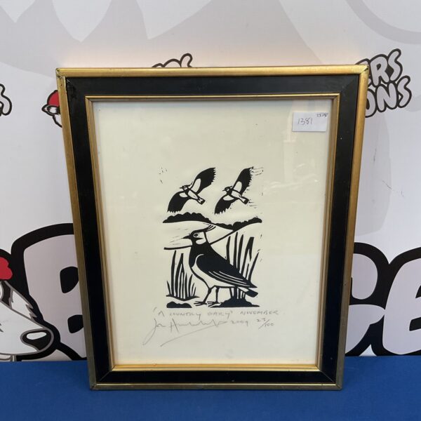 Signed Jon Humphrey Country Diary lithograph featuring birds in a landscape.