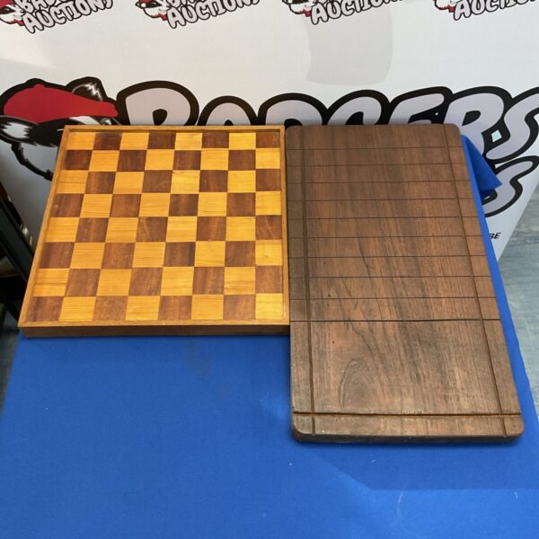 Vintage wooden chessboard and shove hapeny board set.