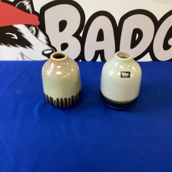 Vintage Parlane vases with speckled grey-green glaze, mid-century modern pottery.
