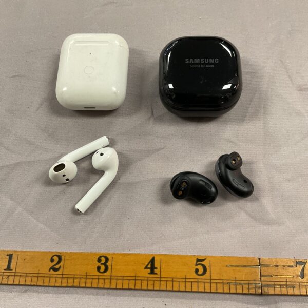 Apple AirPods and Samsung wireless earbuds presented as a pair.