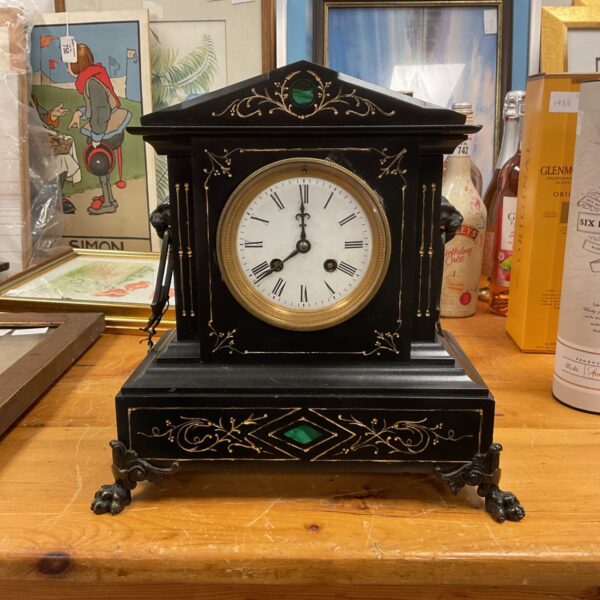Antique Victorian slate mantle clock by Japy Freres with gold medal.