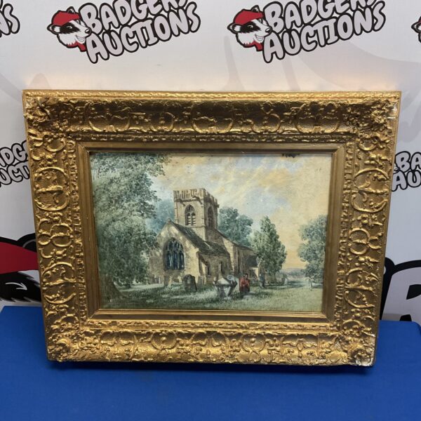 Victorian watercolour painting of a church with mourners in a gilt frame.