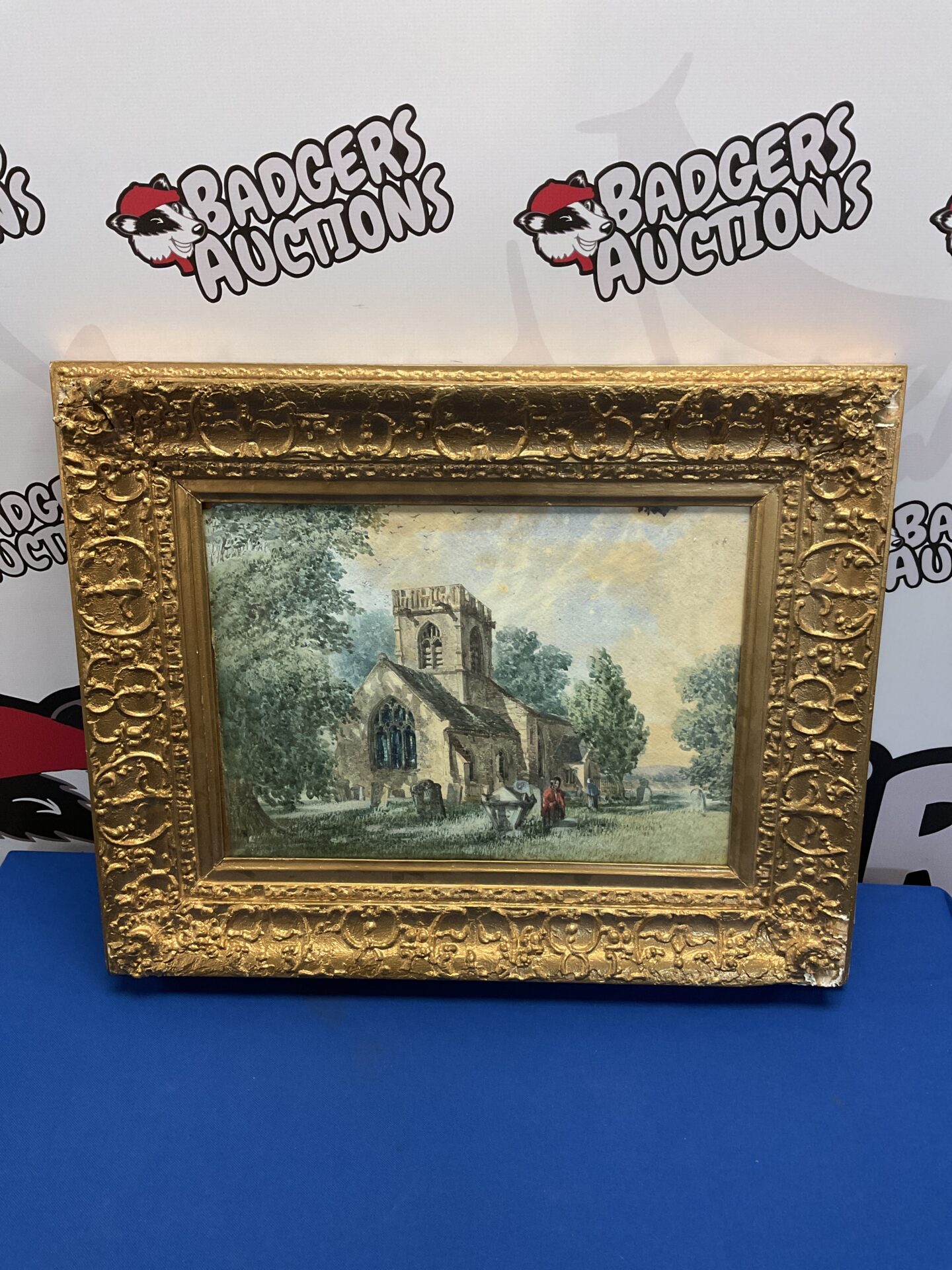 033 Gilt framed 1878 watercolour of a church with mourners