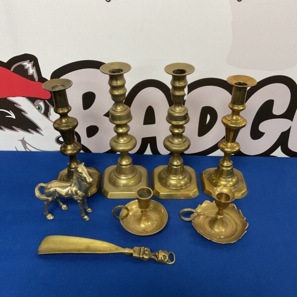 Antique brass candlesticks with chamber sticks, vintage home decor.