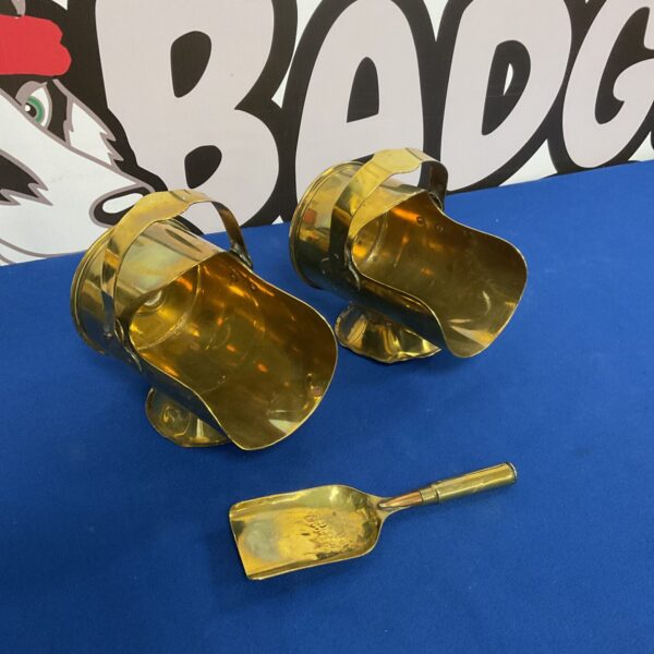 Antique brass trench art coal scuttles from 1915, a collectible pair.