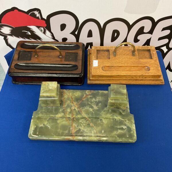 Vintage green marble pen and inkwell stand for desk.