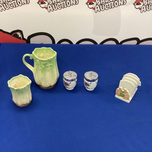 Vintage Royal Worcester egg coddlers, Wade toast rack and Slyvac vases.