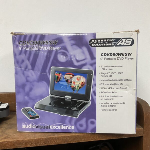 Acoustic Solutions CDV90W6SW 9 inch portable DVD player with remote.